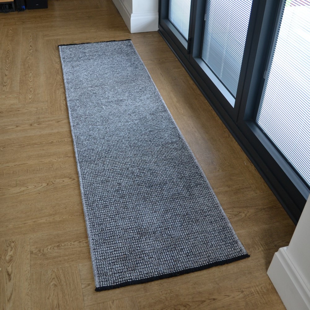 Zenith Jacquard Flatweave Tassel Geometric Runner Rugs in Silver Grey